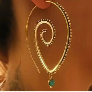 Gold Plated - Boho Hippie Unique Hoop Design Earring with Green Drop - NEW
